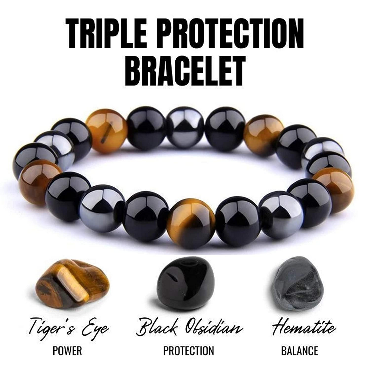 1pcs Trible Protection Bracelet Hematite Black Obsidian Tiger Eye Stone