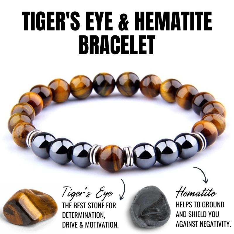 1pcs determination, drive and motivation tiger eye and hematite bracelet